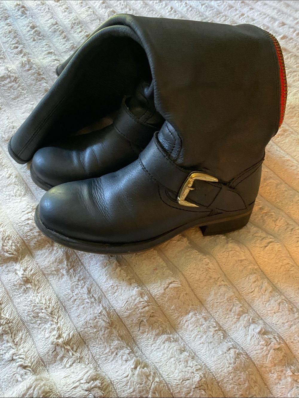 Navy Blue Leather Mid-Calf Boots with Red Zip and Gold Buckles Riding Boots - Picture 4 of 6